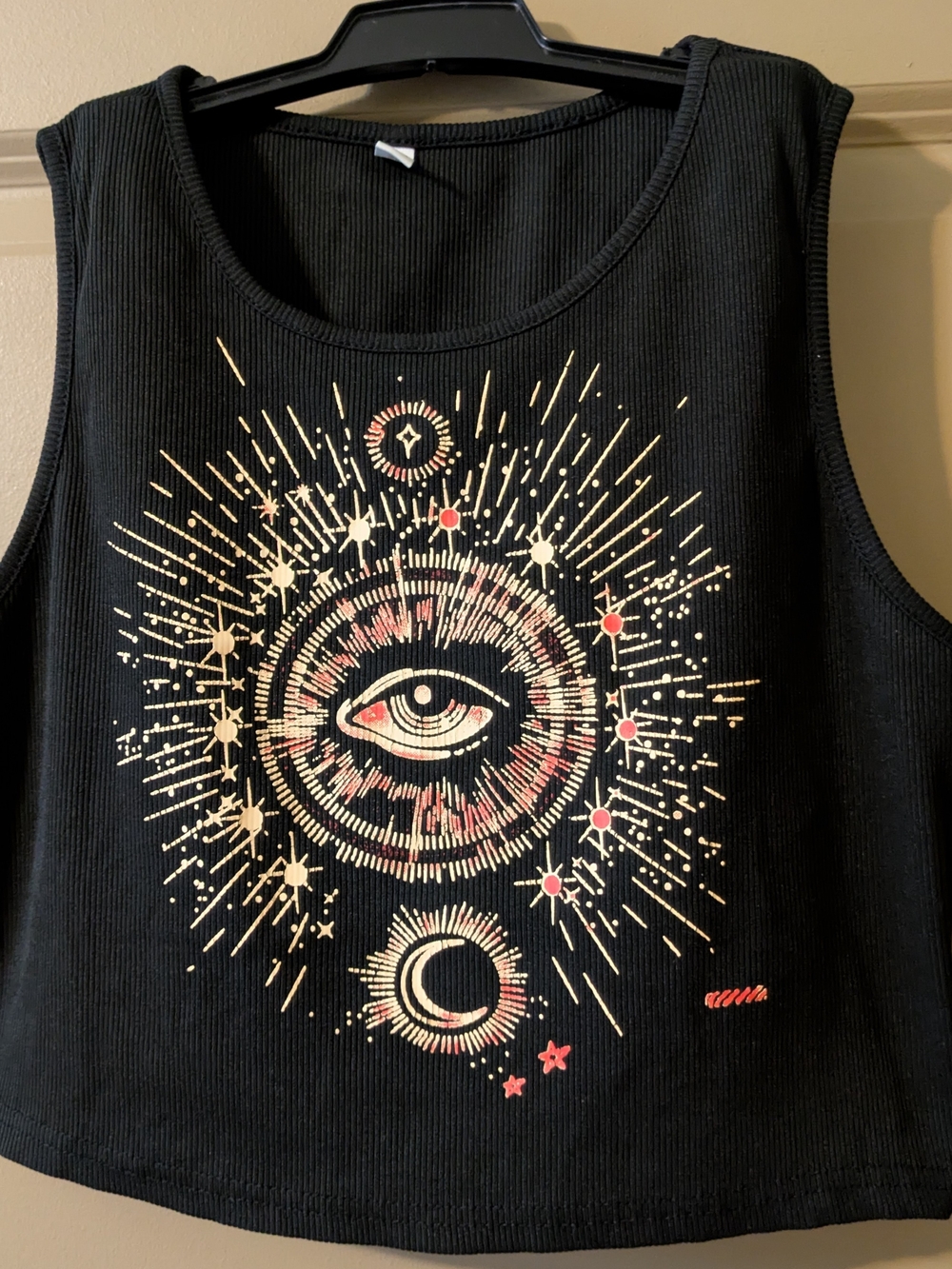 ROMWE Black Tank Top with Gold and Red Celestial Eye Graphic